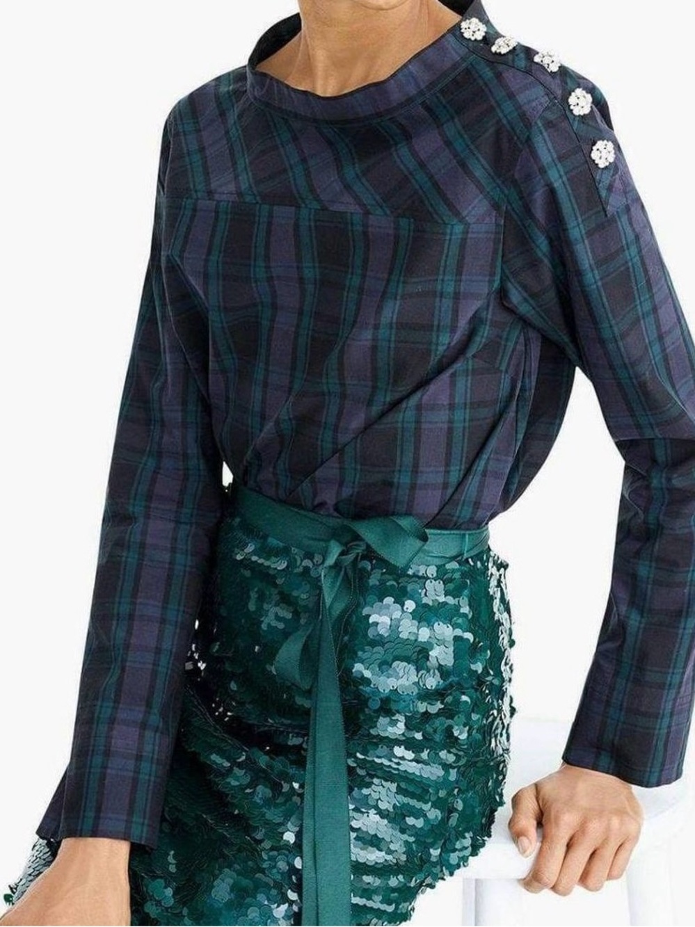 J. Crew Navy & Green Plaid Funnel Neck Jewel-Shoulder Blouse Size 2